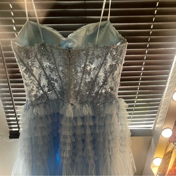 Long strapless blue ruffle prom dress with corset by Dave and Johnny. - Picture 4 of 4